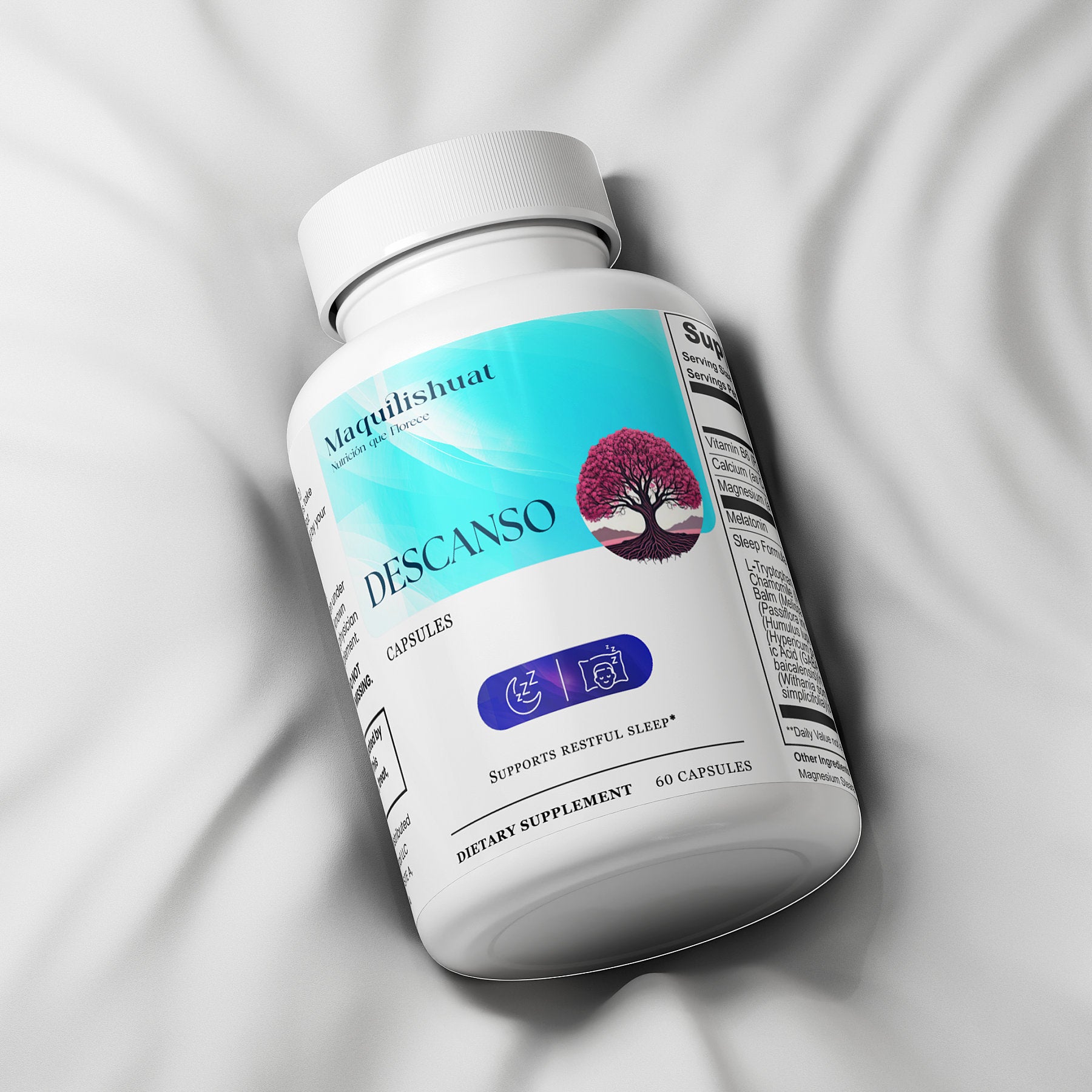 Frasco de Descanso sobre almohada blanca – vitaminas para relajación y descanso