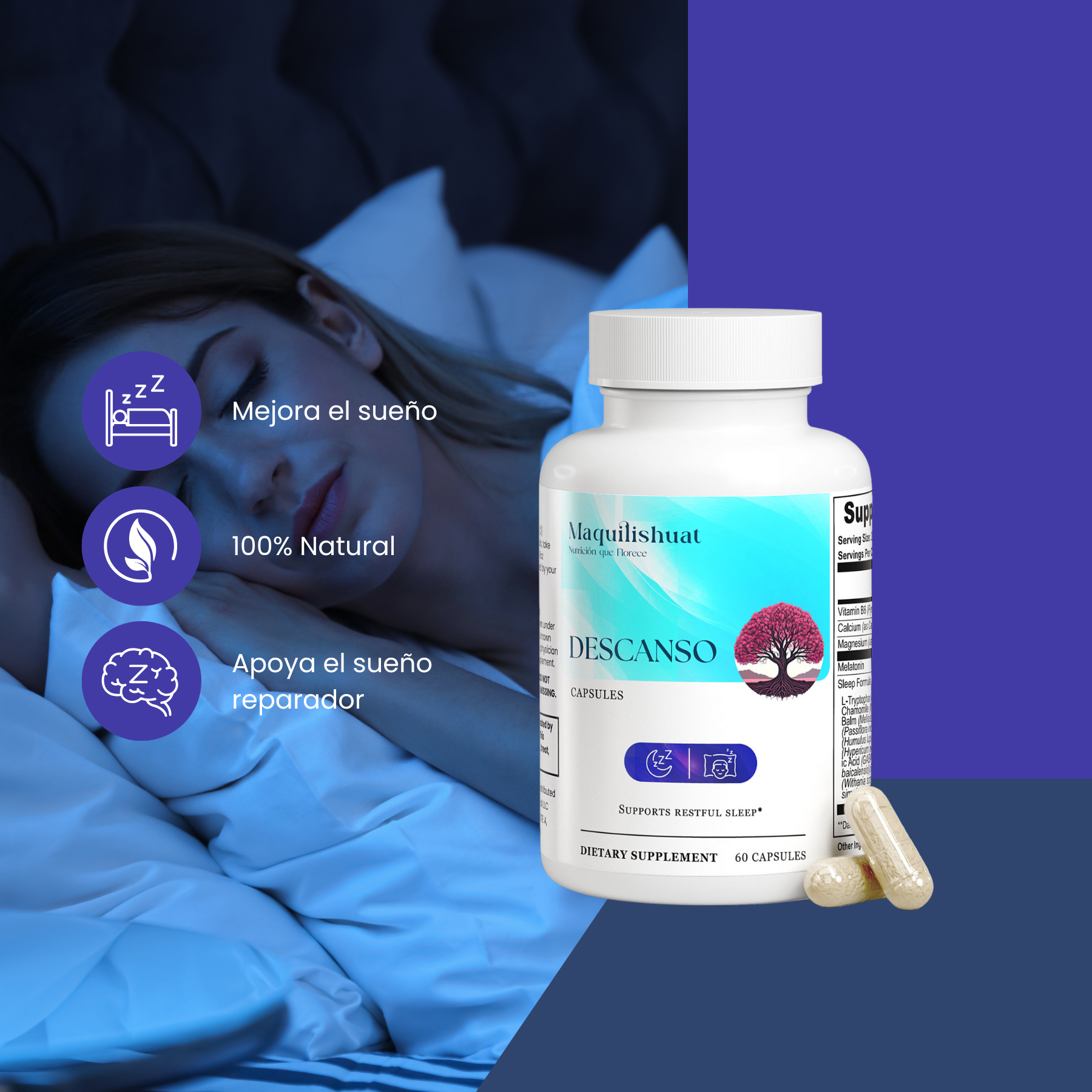 Suplemento Descanso sobre fondo nocturno – apoyo natural para el sueño profundo
